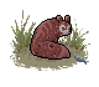 Pixel art of an elderly slugcat looking behind its shoulder. It is rust red with bengal spots.